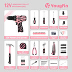 YOUGFIN Pink Drill Set, 195 Pieces Tool Set with 12V Cordles Drill, Home Tool Kits for Men & Women, Household Hand Tool Box, Perfect for DIY Office Repairing & Improvement