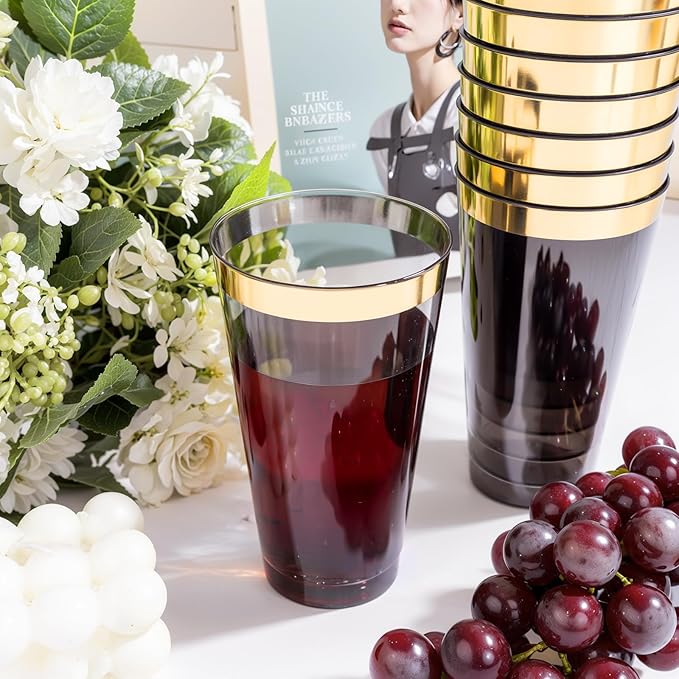 LIYH 100 Pcs Gold Plastic Cups - 16 oz Clear Black and Gold Rim Plastic Wine Cups Big Size Fancy Disposable Wine Glasses Party Cup Beverage Drinking Cup for Party & Wedding