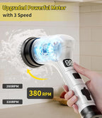 Electric Spin Scrubber, Cordless Household Cleaning Brush with 6 Replaceable Heads, 3 Speeds, LED Display, Lightweight Handheld Power Scrubber for Cleaning Stove/Bowl/Sink/Corner/Tile/Grout-White