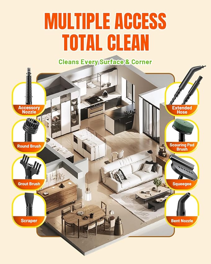 TEEVOGO Handheld Steam Cleaner for Home, Portable Steamer Cleaner with 12 Accessories, 15S Fast Heat Up, Steam Adjustable, Steamer for Cleaning Grout, Floor, Kitchen, Bathroom, Windows, Black