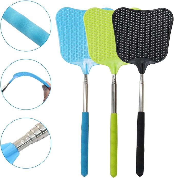 3 Pcs Telescopic Fly Swatter, Plastic Fly Swatter Long Handle Heavy Duty FlySwatters Set for Indoor Outdoor Office Home