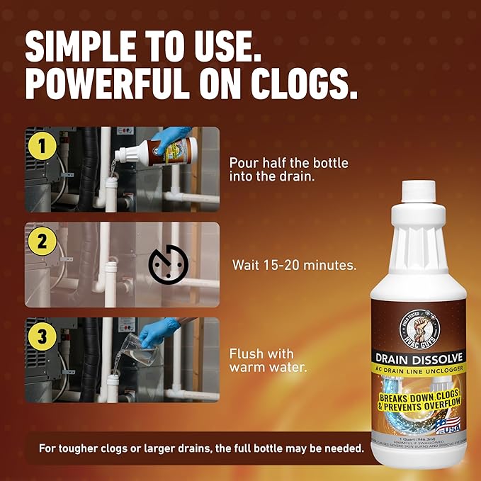 HVAC Guys Drain Dissolve 4PK = 1 Gallon | AC Drain Line Cleaner & Unclogger | Heat Generating Alkaline Formula | Prevents Overflow | Clears Hair, Grease, Gunk - 4PK of 32oz