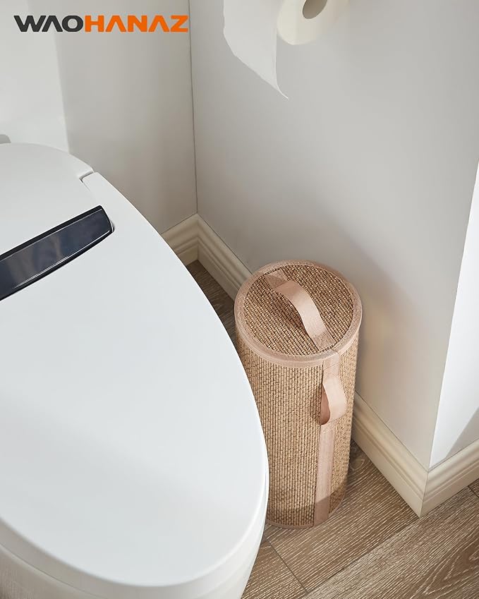Bamboo Toilet Paper Storage Basket with Lid & Handle - 10L Handwoven Bathroom Organizer for 4 Rolls - Sturdy Stand Holder for Toilet Paper Organization, Carbon Brown