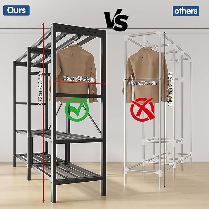 Heavy Duty Covered Clothes Rack with Magnetic Door Foldable Portable Wardrobe Closet for Hanging Clothing Rolling Black Metal Garment Rack on Wheels Closet System (Black, 58.9in)
