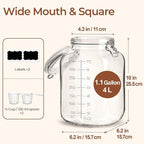 ComSaf 1 Gallon Square Glass Jars with Airtight Lids (135oz, Set of 2), Extra-Wide Mouth Canisters with Measurement Marks for Bulk Flour Storage, Fermenting Kombucha & Pickling