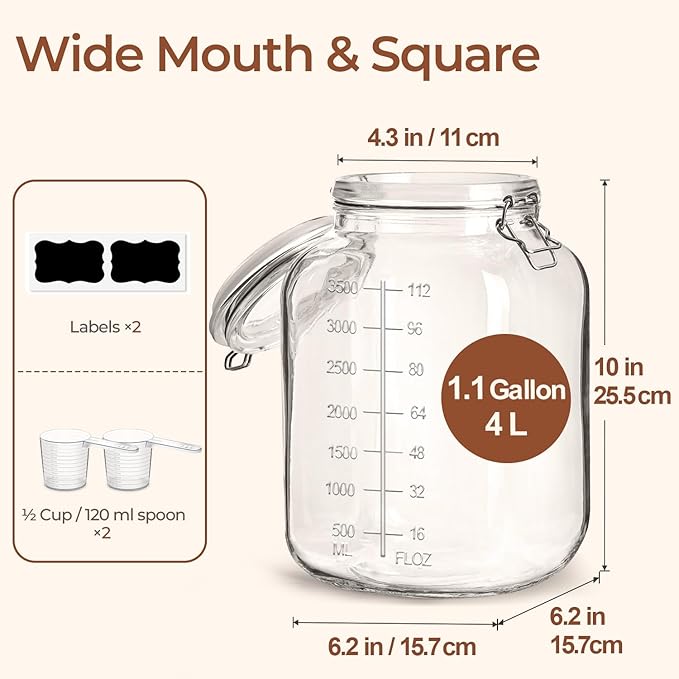 ComSaf 1 Gallon Square Glass Jars with Airtight Lids (135oz, Set of 2), Extra-Wide Mouth Canisters with Measurement Marks for Bulk Flour Storage, Fermenting Kombucha & Pickling