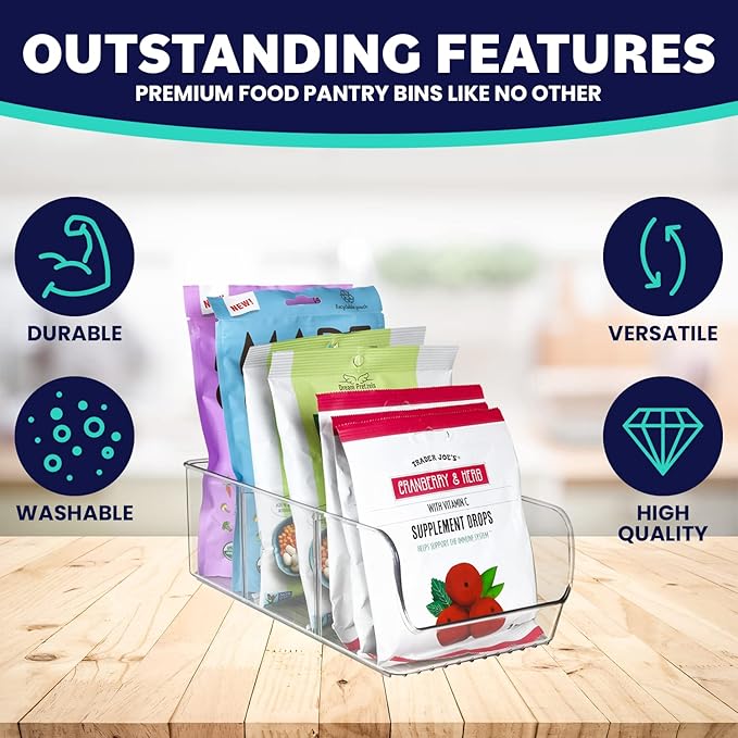 ELTOW 6-Pack Snack Organizer, 3-Compartment Plastic Bins with Removable Dividers, Chip & Food Storage for Pantry, Spices, Fridge, and Cabinet