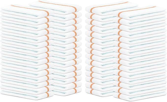 STF Linen Bar Mops Gold Stripe Pack of 60 Kitchen Towels 16x19 Multi-Purpose for Home, Restaurant and Cleaning White Absorbent Washcloth Dishcloths Sets, Reusable Dish, Cloths Rags