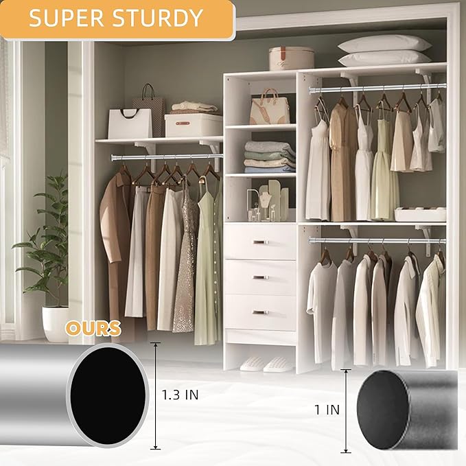 1.3 Inch Diameter Closet Rods for Hanging Clothes 17-87 Inch Adjustable, Metal Heavy Duty Closet Pole, Silver Closet Bar for Hanging Clothes, Suitable for Closet, Wardrobes, Bathroom, Windows