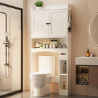 Ahomly Over The Toilet Storage Cabinet, 32.3" W x 70.3" H Over Toilet Bathroom Organizer with Doors, Adjustable Shelves, Toilet Paper Holder, 2 Side Hooks, Space-Saver for Bathroom, Laundry, White