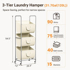 ELYKEN 120L Vertical Rolling Laundry Hamper with Removable Bags, 3 Section Laundry Baskets with Wheels, Space-Saving 3 Tier Laundry Sorter for Small Spaces, Dorm, Bedroom, Bathroom, Laundry Room