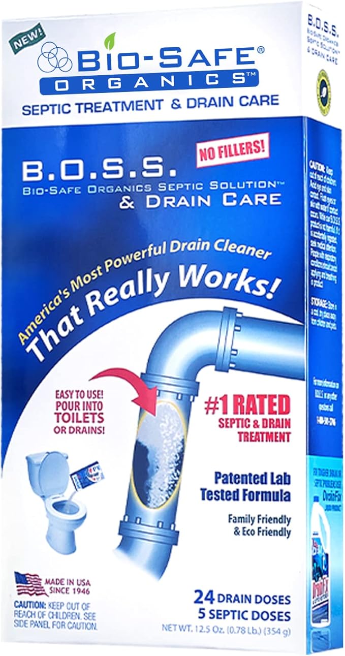 B.O.S.S. Septic Tank Treatment - 12.5oz Powder - 24 Drain or 5 Septic Doses - Patented Bacterial Enzyme - 100% Treats Odors Clogs Backups Pumpouts & Repairs - Works in All Septic Systems - Made in USA