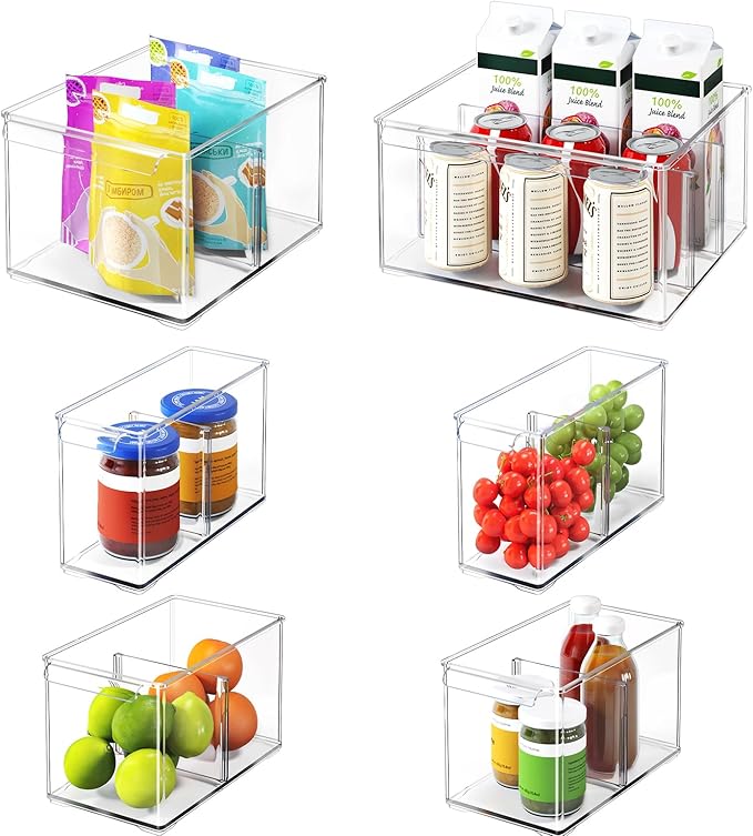 Clear Plastic Storage Bins with Dividers for Kitchen Pantry Organization, 6 Pack Thicken Stackable Storage Drawer Boxes for Refrigerator Cabinets Vanity Organizers and Storage, C6-3