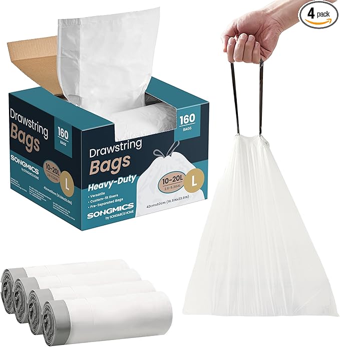 SONGMICS Trash Bags for 5.3 Gallon (20 L) Trash Cans, Drawstring Kitchen Garbage Bags, Pre-Separated, Quick-Dispense Box, Liner Code L, 4 Rolls, 160 Count, White UKRB021A04