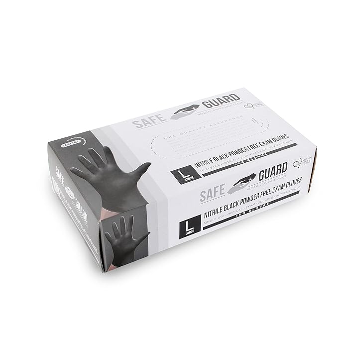 Safeguard, Nitrile Disposable Gloves, Powder & Latex Free, Box of 100 Gloves, Size Medium, Black