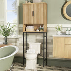 Over The Toilet Storage Cabinet with Fluted Doors and Adjustable Shelf, Tall Bathroom Organizer with Metal Stand Space Saver Over Toilet , Wood Rack for Bathroom, Restroom, Laundry, Natural Oak
