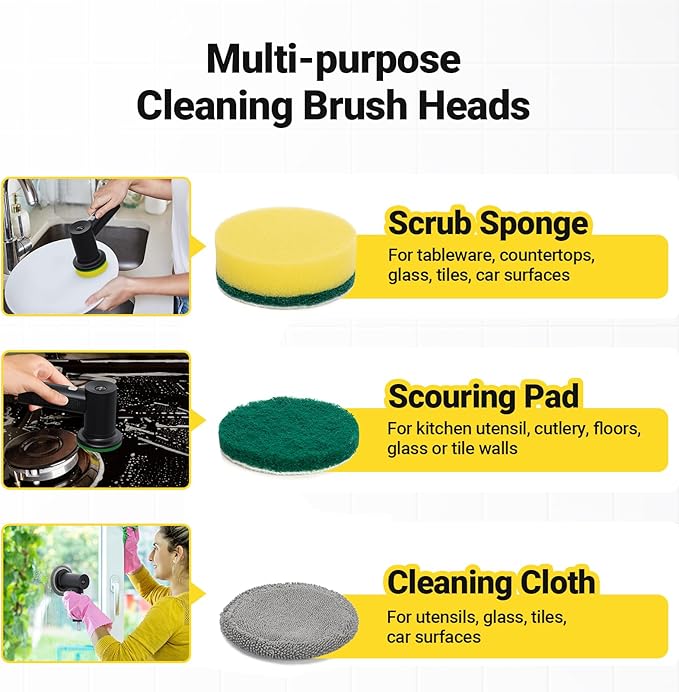 StarVal Electric Spin Scrubber, 3000 mAh Cordless Power Scrubber with 8 Replaceable Heads, Dual Speed Lightweight Handheld Scrubber for Cleaning Stove/Bowl/Sink/Corner/Tile/Grout (Black)