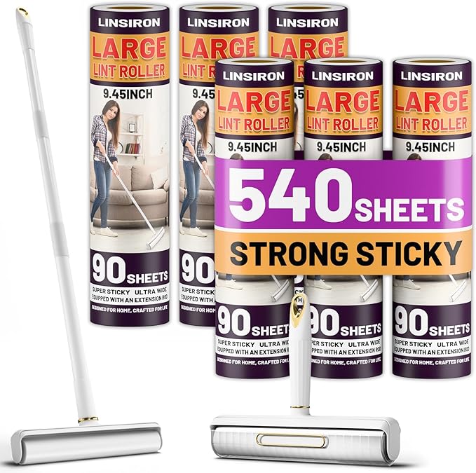 Large Lint Roller Pet Hair Remover 540 Adhesive Sheets Rollers 9.45 Extra Sticky Dog Cat Adjustable Handle 7.9-47.6 Inch, 6 Replaceable Rolls 90 Sheets Each, 3 Extension Rods for 4 Heights