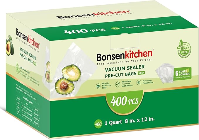 Bonsenkitchen Vacuum Sealer Bags,400 Quart 8" x 12" Precut Food Sealer Bags, Commercial Grade, BPA Free, Heavy Duty, Customized Size Vacuum Bags for Vac Storage, Meal Prep or Sous Vide Cooking, VB14