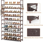 VTRIN 10 Tiers Shoe Rack Tall Large Capacity Wide Shoe Organizer Sturdy Shoe Shelf for Entryway with Two Hooks Metal Shoe Storage for Closet, Bedroom, Brown