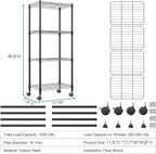 M MZG 4-Shelf Adjustable Heavy Duty Steel Wire Rack, Adjustable Storage Shelving Unit with Wheel for Kitchen, Garage, Laundry Black 11.8" D x 17.7" W x 40.8" H