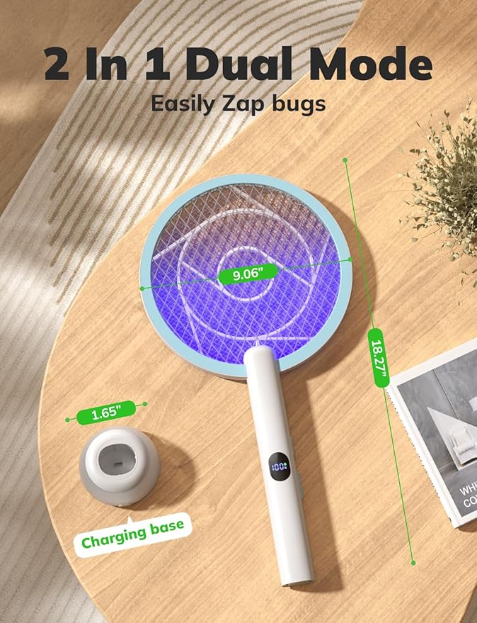 YISSVIC Electric Fly Swatter Bug Zapper Racket 4000V LED Screen Dual Modes Fly Zapper Rechargeable for Indoor Home Office Backyard Patio Camping