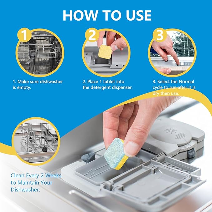 24-count Dishwasher Cleaner Tablets, Deep Cleaning and Descaling Formula, Removes Odors, Scale, and Hard Water Residue, Maintains Dishwashers, Septic Tank Safe (Lemon Scent)