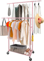 Fishat Portable Pink Double Rods Garment Clothes Rack for Drying with Rolling Clothes Organizer on Lockable Wheels Mobile for Girls Women, 48"W x 15"D x 67"H, Metal Simple Hanging Clothes with 2 Hook