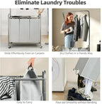 ROMOON Laundry Sorter Hamper with Hanging Bar, 3 Section Rolling Laundry Cart with Clothes Rack & Heavy-Duty Lockable Wheels, Divided Laundry Basket Organizer for Apartment & Small Spaces (130L Grey)