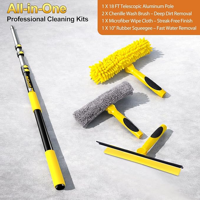 24FT High Reach Window Squeegee with Extension Pole, 2-1 Window Washing Kit with 5-Stage Telescopic Pole & Rotatable Head, No-Ladder Window Cleaner for High Window, Solar Panel, RV & Outdoor Glass