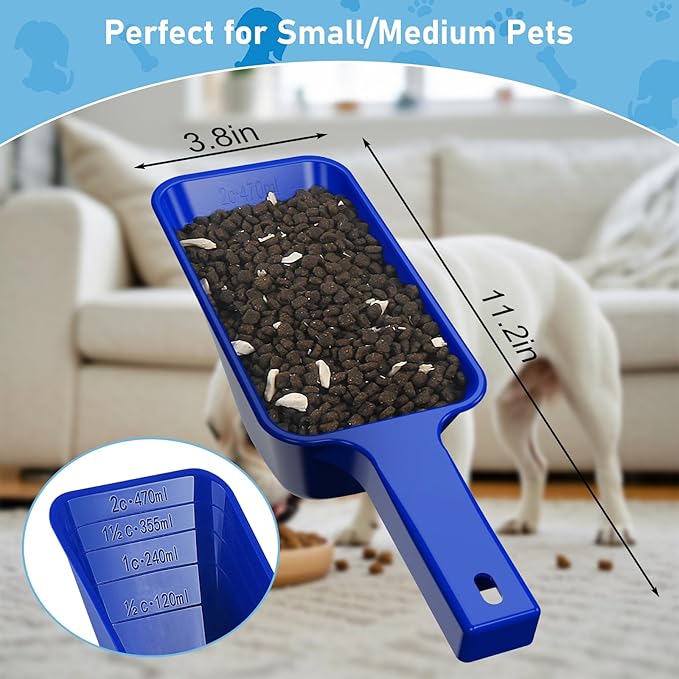 Food Scoop 2 PACK,2 Cup Capacity Dog Food Scoop With Measuring Lines For Dog, Puppy and Cat Coffee Bean Scoop, Flour Scoop (Large Blue)