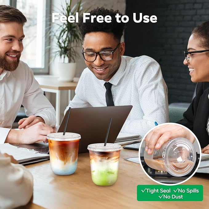 100 Pack 12 oz Clear Plastic Cups with Flat Lids and Straws, Disposable Iced Coffee To Go Cups, Plastic Smoothie Cold Drink Cup for Party, Picnic, Travel