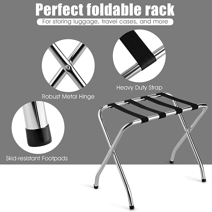 Tangkula Chrome Luggage Rack for Guest Room, No Assembly Required, Folding Metal Suitcase Stand with Nylon Belts, for Home Bedroom Guest Room Hotel, Luggage Rack, Silver (3)