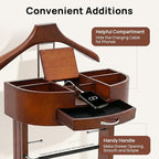 TFCFL Wooden Suit Rack with Drawer & Trouser Holder, Multi-functional Coat Stand for Hats/Scarves/Belts, Space-Saving Standing Suit Valet Stand for Home/Office, 22lbs Load Capacity (Brown)