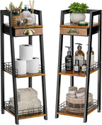 keomaisyto 3-Tier Narrow Bathroom Shelves with Drawer, Bathroom Organizers and Storage, Open Floor Ladder Shelf, Freestanding Tower Slim Standing Unit for Small Spaces - Rustic Brown