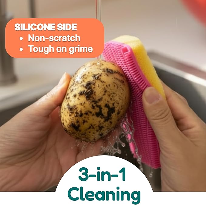 3-in-1 Silicone Scrubber Sponge with Squeegee – Non-Scratch Kitchen Sponge for Dishes, Sink & Bathroom, Quick-Dry, Reusable Cleaning Tool (Pink+Yellow)