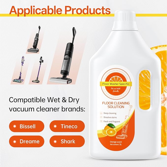 1L Orange Floor Cleaning Solution Compatible With Tineco/Bissell/Dreame And Shark, Fragrance Deodorization, Deep Cleans for Multiple Hard Floors, Suitable With Cordless Wet/Dry Vacuum