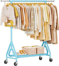 Heavy Duty Clothing Rack, Metal Clothes Rack Load 450 LBS, Rolling Coat Racks for Hanging Clothes with Lockable Wheels, Wardrobe Closet Garment Racks for Bedroom, Sky Blue
