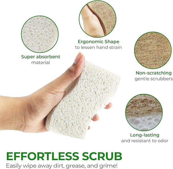 Natural Kitchen Sponges (6 Pack) - Biodegradable Cellulose & Coconut Scrubber Dish Sponges for Kitchen - Eco-Friendly, Non Scratch, Compostable, Non Toxic S-Shaped Natural Sponges for Dishes