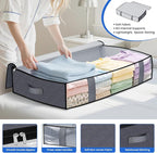 TasticTotes Under Bed Storage Containers, 2 Pack Blanket Storage Bags, Collapsible Storage Bags with Big Zippers, Clear Front, Shoe Storage and Organization for Clothes, Comforter, 75L, Grey