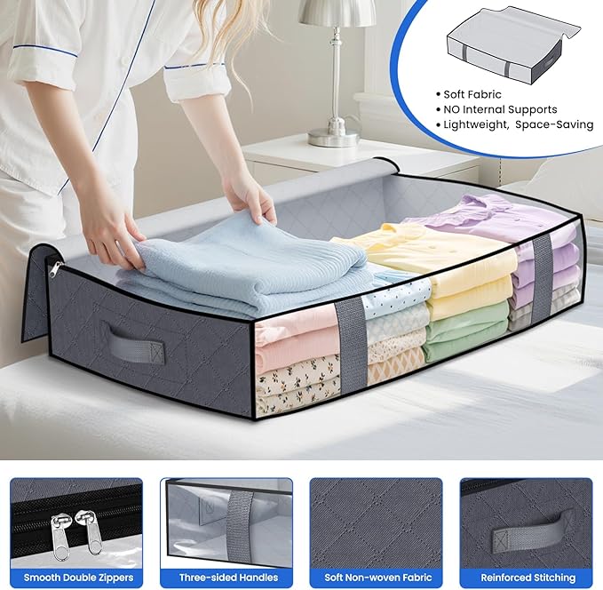 TasticTotes Under Bed Storage Containers, 4 Pack Blanket Storage Bags, Collapsible Storage Bags with Big Zippers, Clear Front, Shoe Storage and Organization for Clothes, Comforter, 75L, Grey