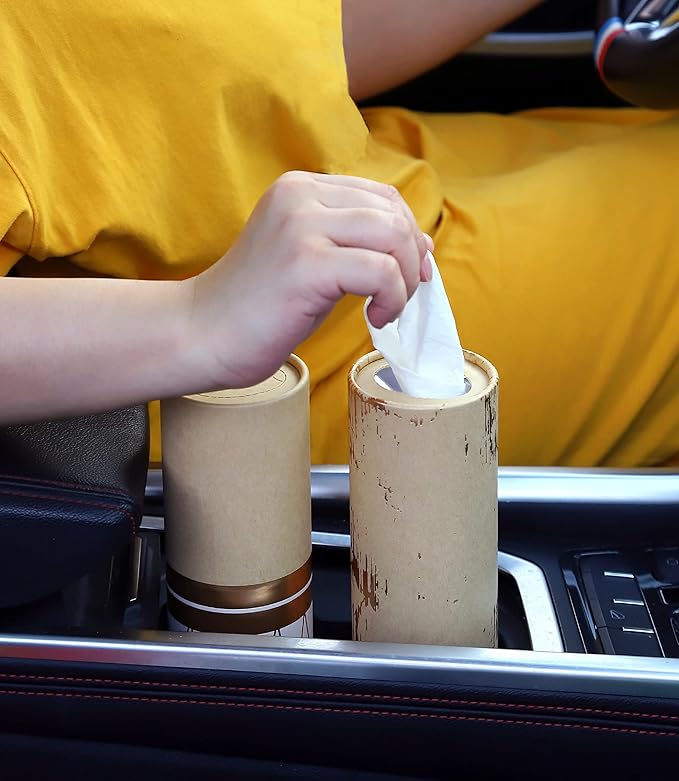 Car Tissue Holder with 3-ply Facial Tissues Bulk - 4 PK Gold Foil Cylinder, for Car, Travel Cup Holder, Refill Box Round Container Kraft