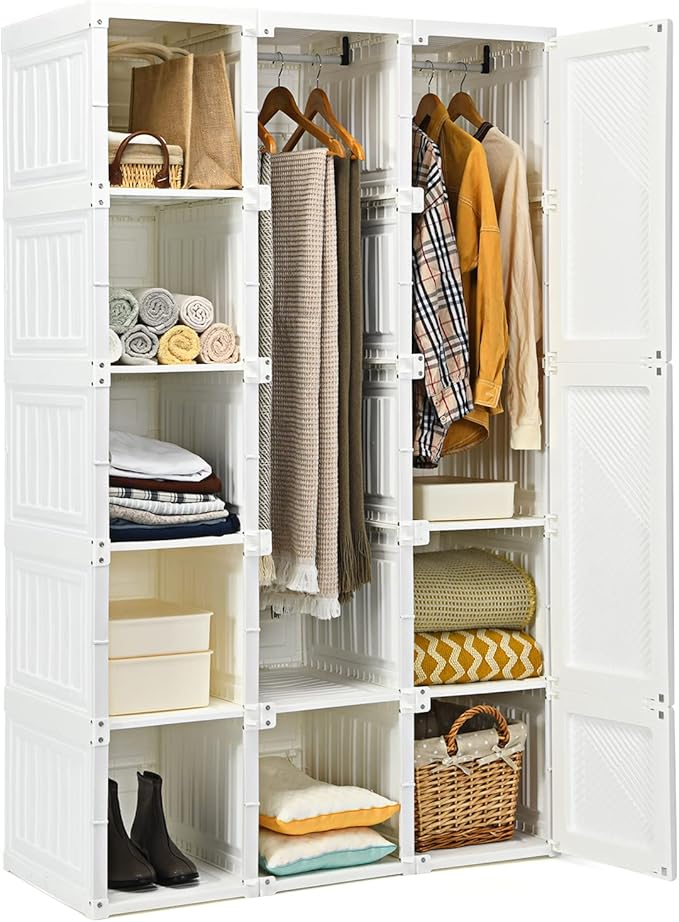 Tangkula Portable Closet Wardrobe, Foldable Clothes Organizer with Cubby Storage, Hanging Rods, Easy Assemble Clothing Storage with Magnet Doors, Folding Bedroom Armoire (10 Cubbies & 2 Rods)