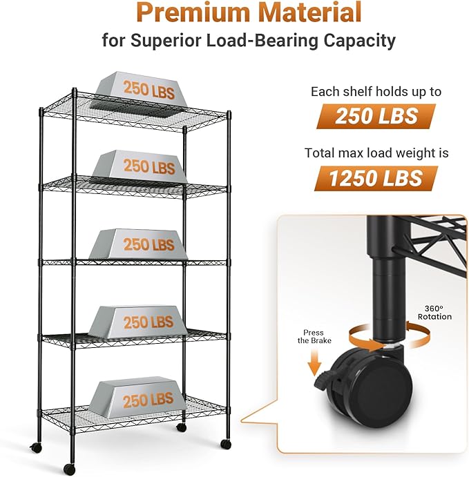 HealSmart Heavy Duty 5-Shelf Storage Shelving Unit, 1250lbs Loading Capacity, 29.92" D x 13.98" W x 62.99" H Adjustable Steel Organizer Wire Rack, Black