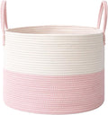 JMvicyroam 115L Extra Large Blanket Basket for Living Room - Woven Cotton Rope Laundry Hamper with Reinforced Handles - Storage Bin for Pillows, Comforters & Toys - Machine Washable,White&Pink
