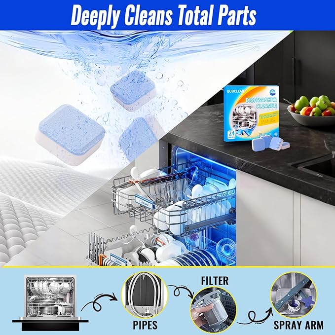 Dishwasher Cleaner＆Deodorizer Tablets, 24 Pack Deep Cleaning Descaler for Dishwasher, Natural Odor, Limescale, Grease, Smell Remover