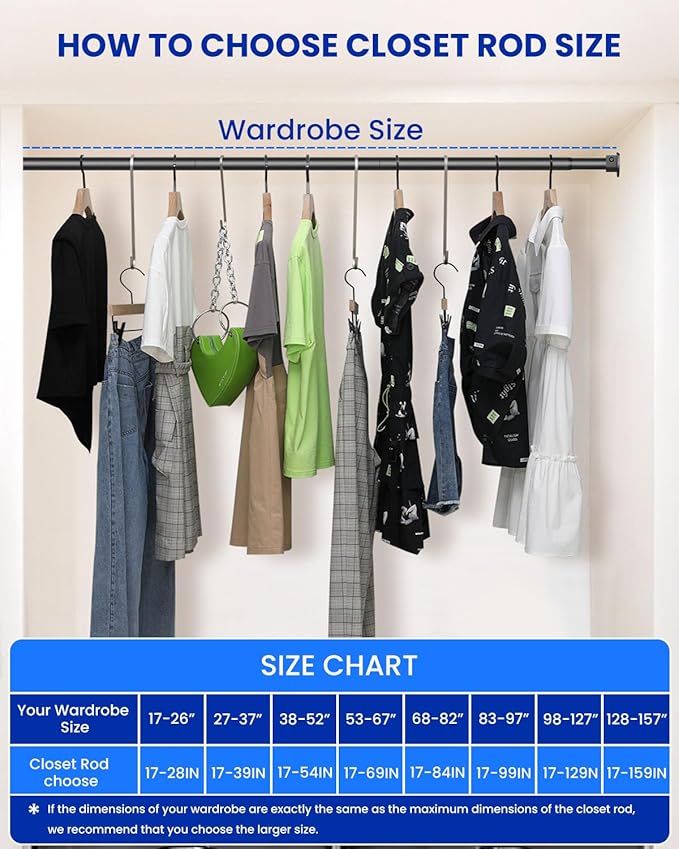 Supforce 4 PACK Closet Rods for Hanging Clothes, 17 to 28 Inches Stepless Adjustable Metal Closet Rod, 1.3 Inches Heavy Duty Clothes Hanging Rod for Closet Wardrobes Laundry RV, Black
