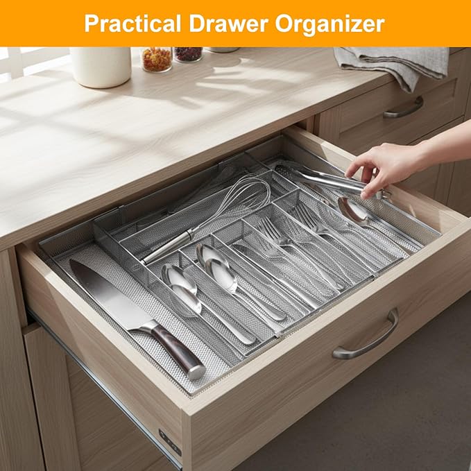 1 Pcs Utensil Drawer Silverware Organizer, Metal Mesh Expandable 13" ~24" Kitchen Drawer Organizer, 7-9 Slots Cutlery Tray Dividers for Kitchen Flatware Christmas Housewarming Gift (Sliver)