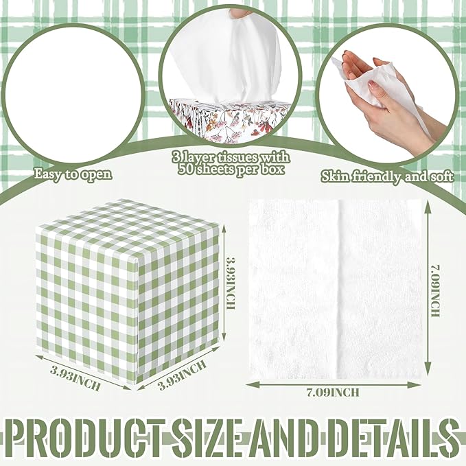 12 Pack Facial Tissues Cube Face Boxes 600 Sheets 3 Ply Small Square Tissues Bulk for Car Bedroom Supplies(Green and White Plaid)