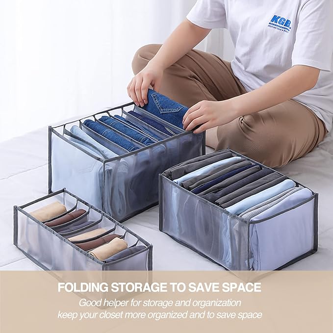 Wardrobe Clothes Organizer 7 Grids Portable Closet Organizer Mesh Separation Storage Box Foldable Closet Drawer Organizer for Underwear Socks Scarves Leggings (Grey, 3 Leggings Grid)